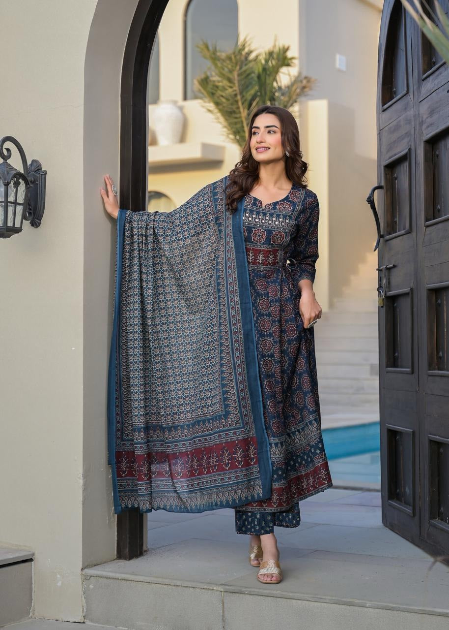 Cotton Ajrakh Anarkali Suit With Palazzo & Dupatta