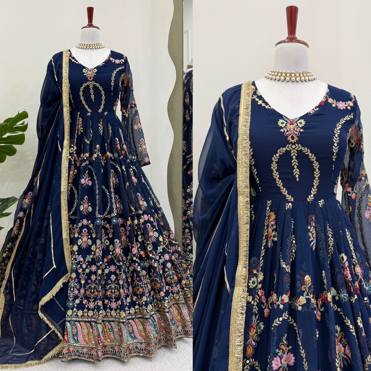 Blue Georgette Thread Sequence Work Festive Gown