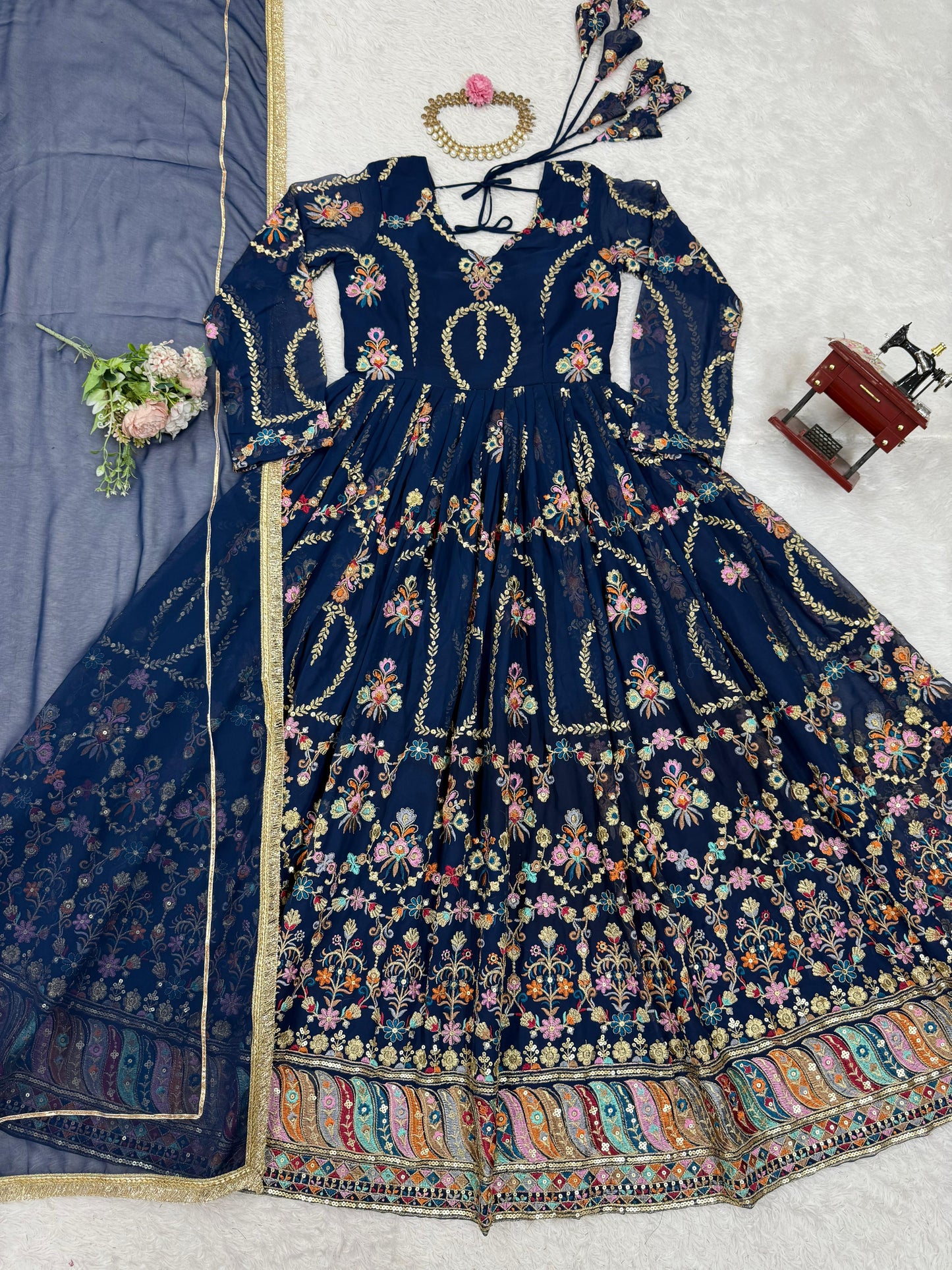 Blue Georgette Thread Sequence Work Festive Gown