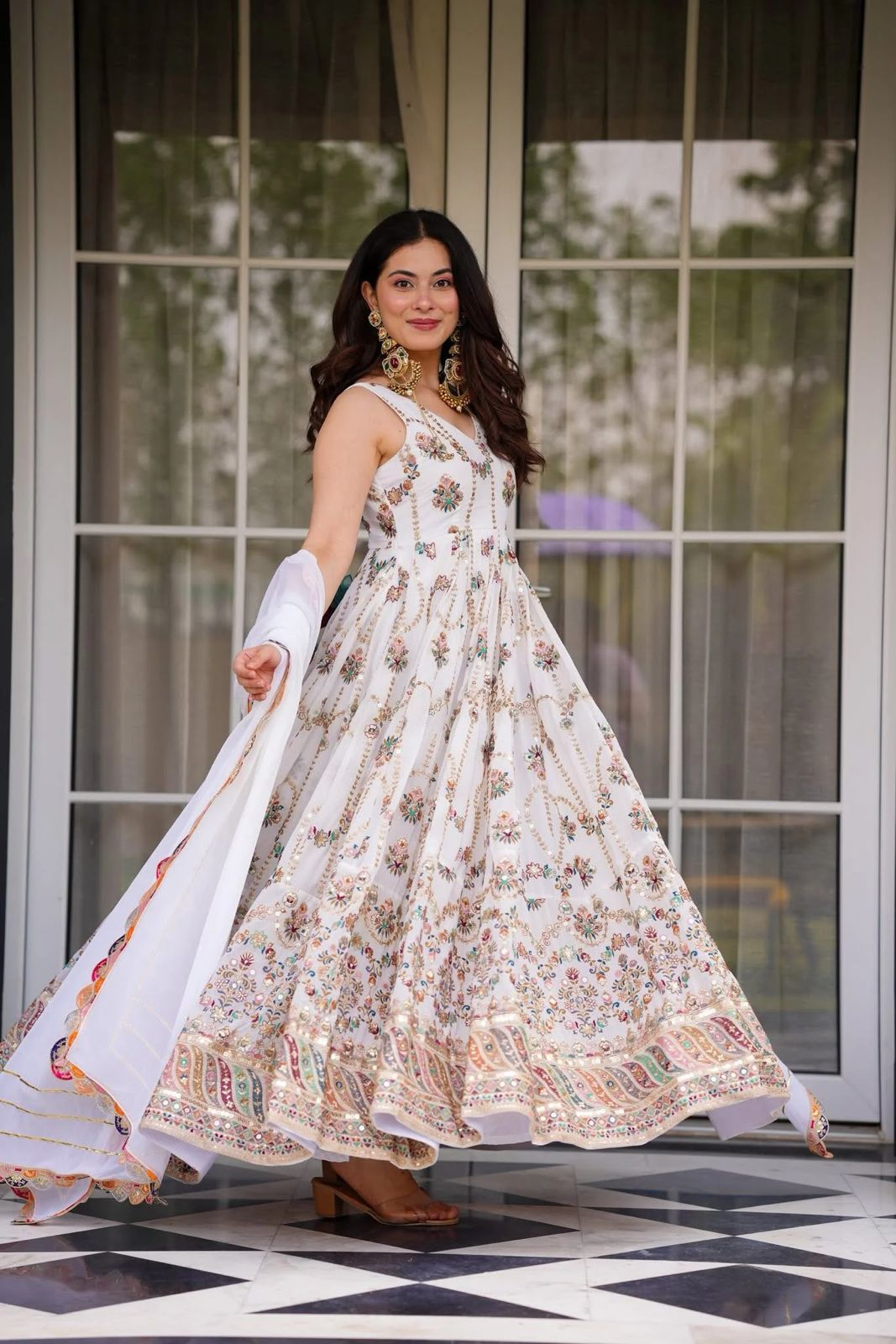 White Georgette Thread Sequence Work Festive Gown