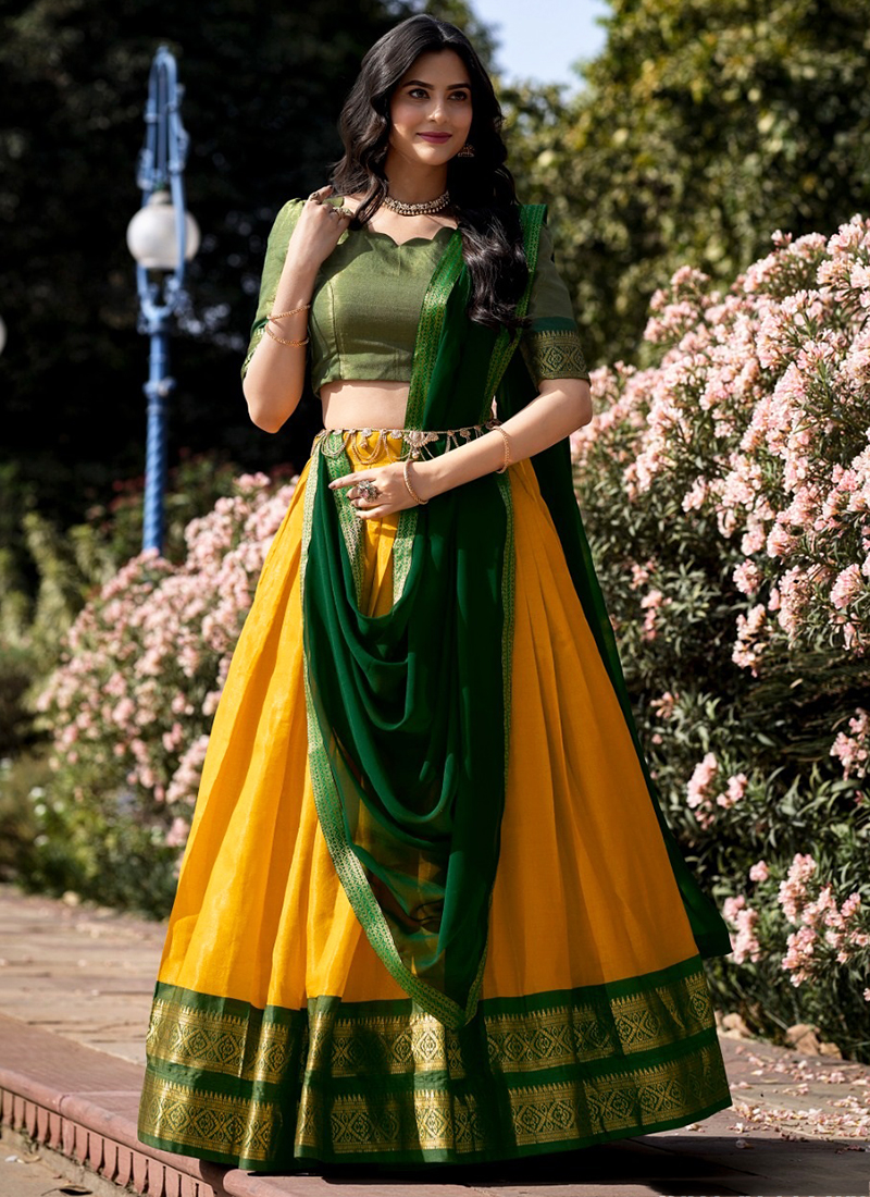 Yellow Kanchipuram Weaving Traditional Wear Lehenga Choli