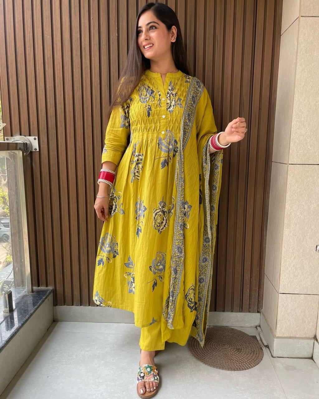 Floral Pintex Block Printed Kurti Pant & Dupatta (2 Colors)