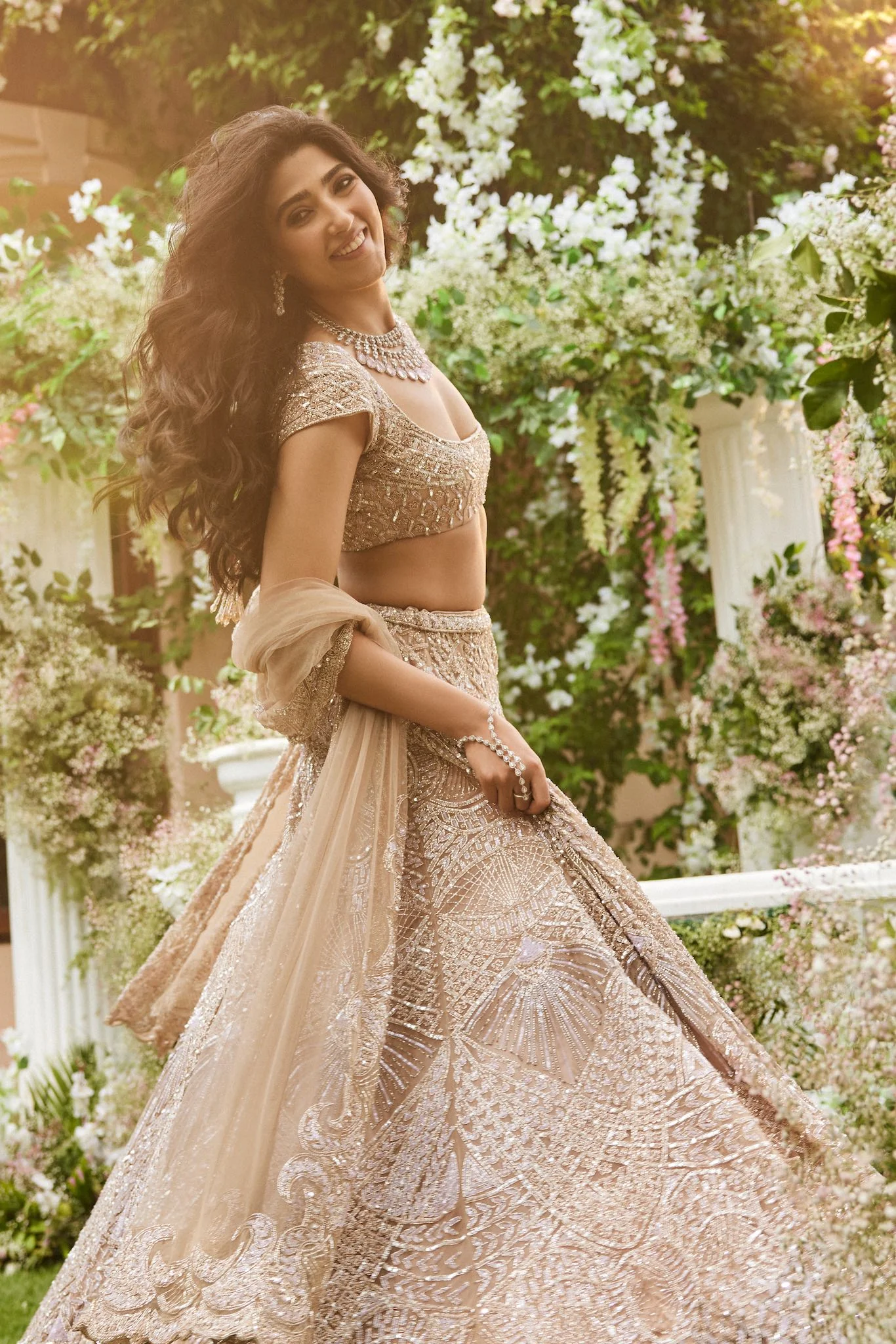 Lavender Hand-embroidered On Tissue Fabric With Crystals, Cutdana, Sequin, Thread, Beads Detailing Lehenga