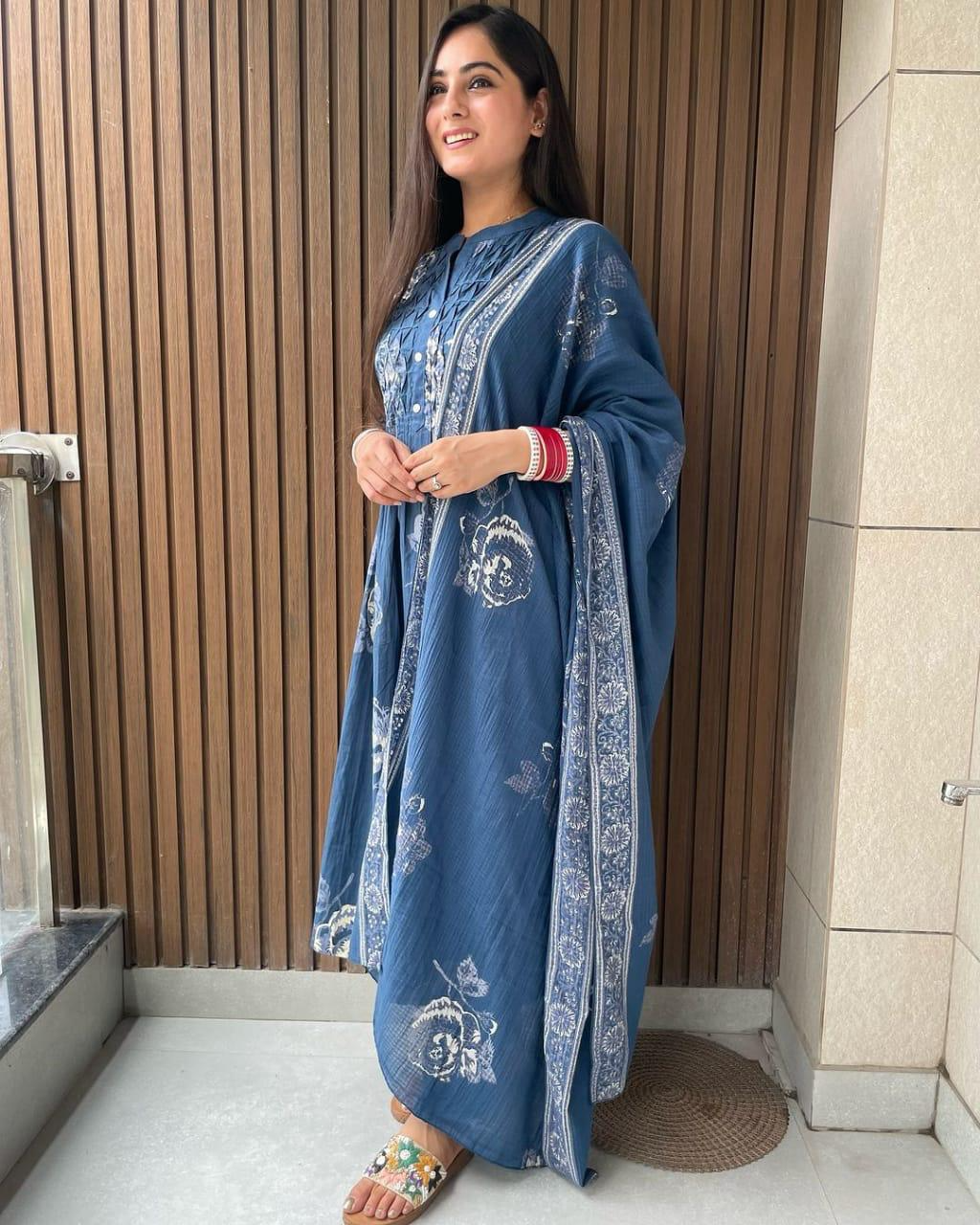Floral Pintex Block Printed Kurti Pant & Dupatta (2 Colors)