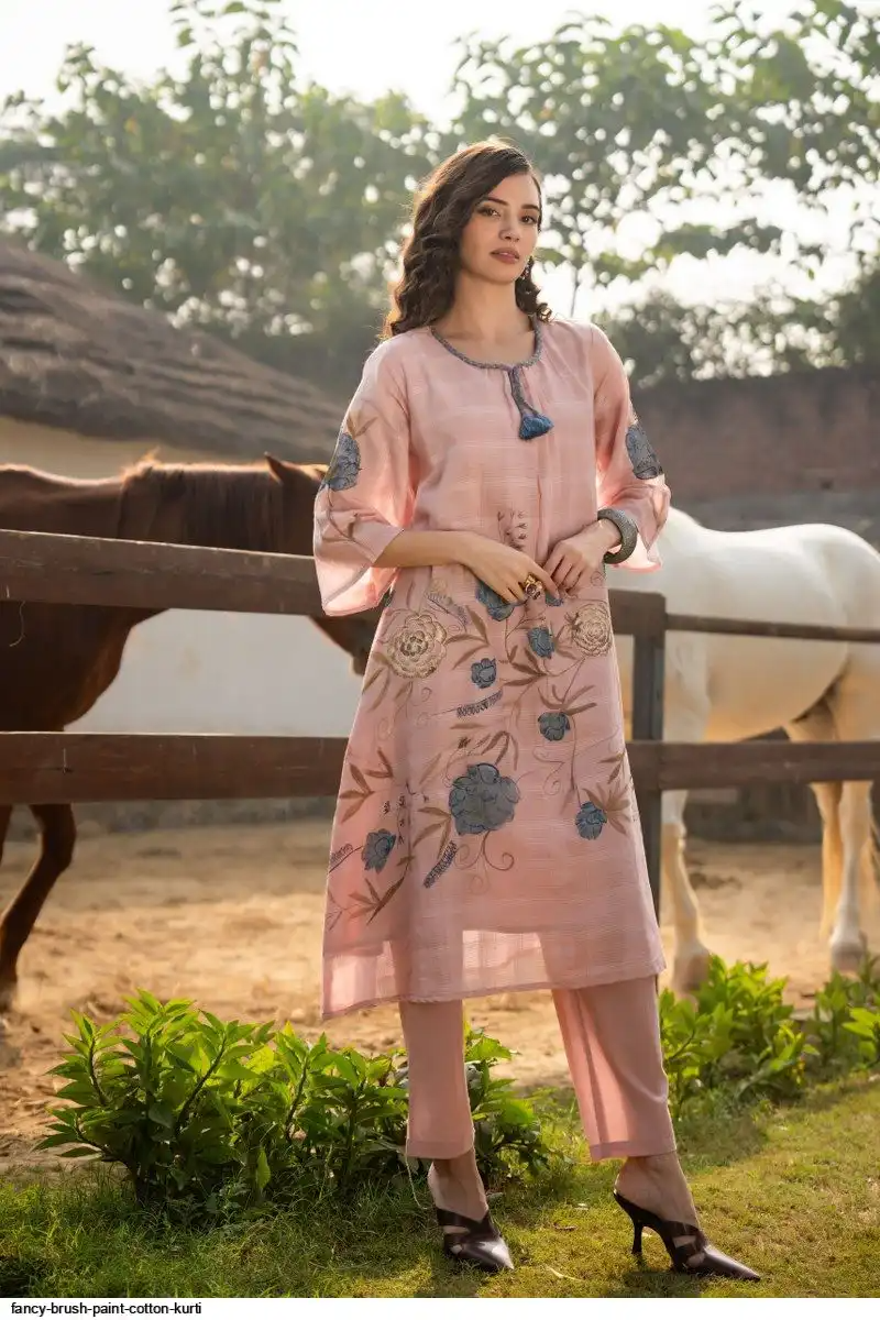Cotton Brush Paint Straight Kurti Pant Set
