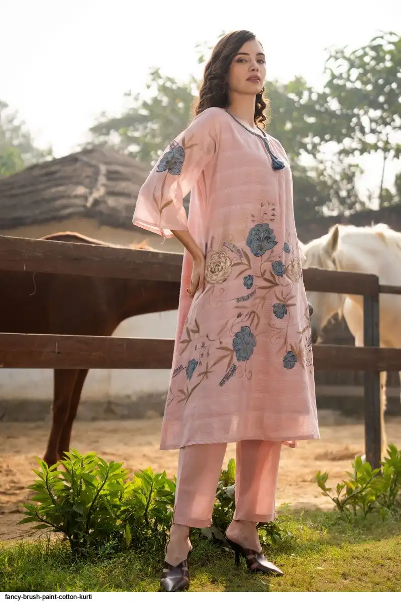 Cotton Brush Paint Straight Kurti Pant Set