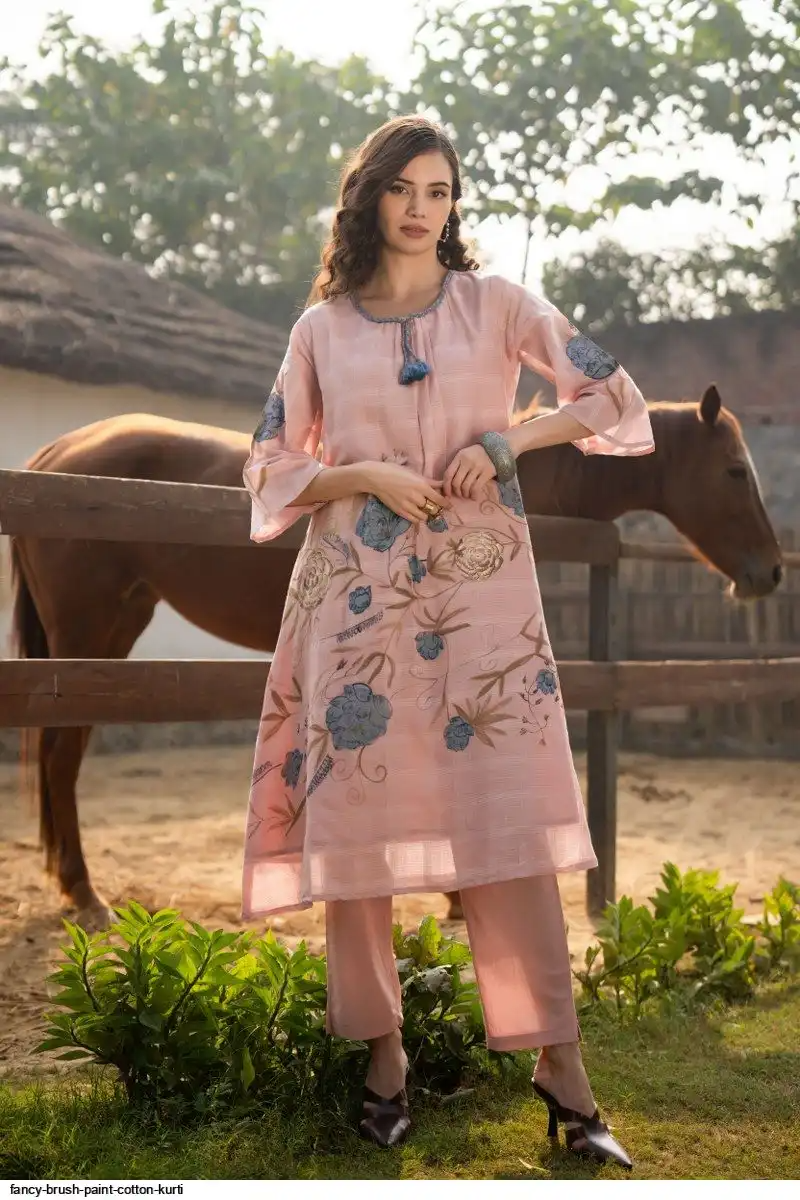 Cotton Brush Paint Straight Kurti Pant Set