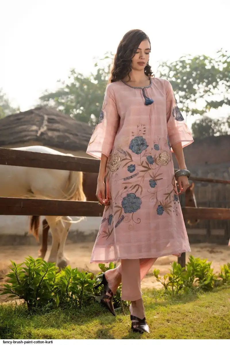 Cotton Brush Paint Straight Kurti Pant Set