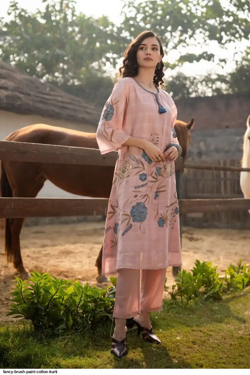 Cotton Brush Paint Straight Kurti Pant Set