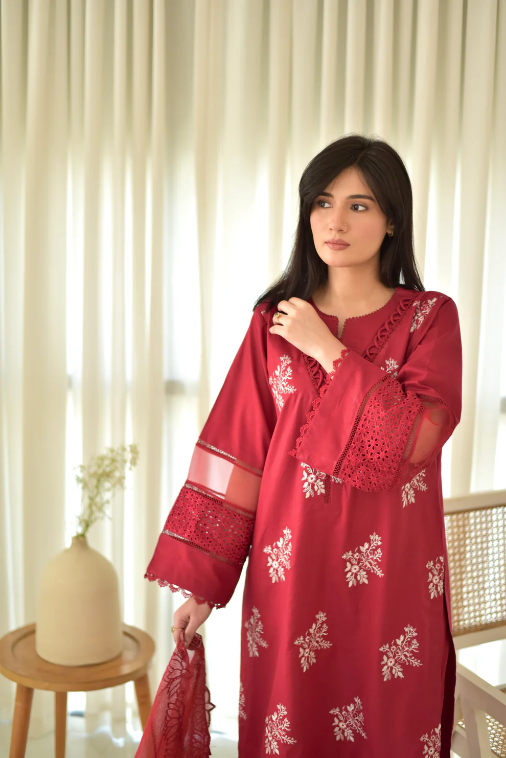 Maroon Roman Silk Embroidered Kurta Pant & Dupatta