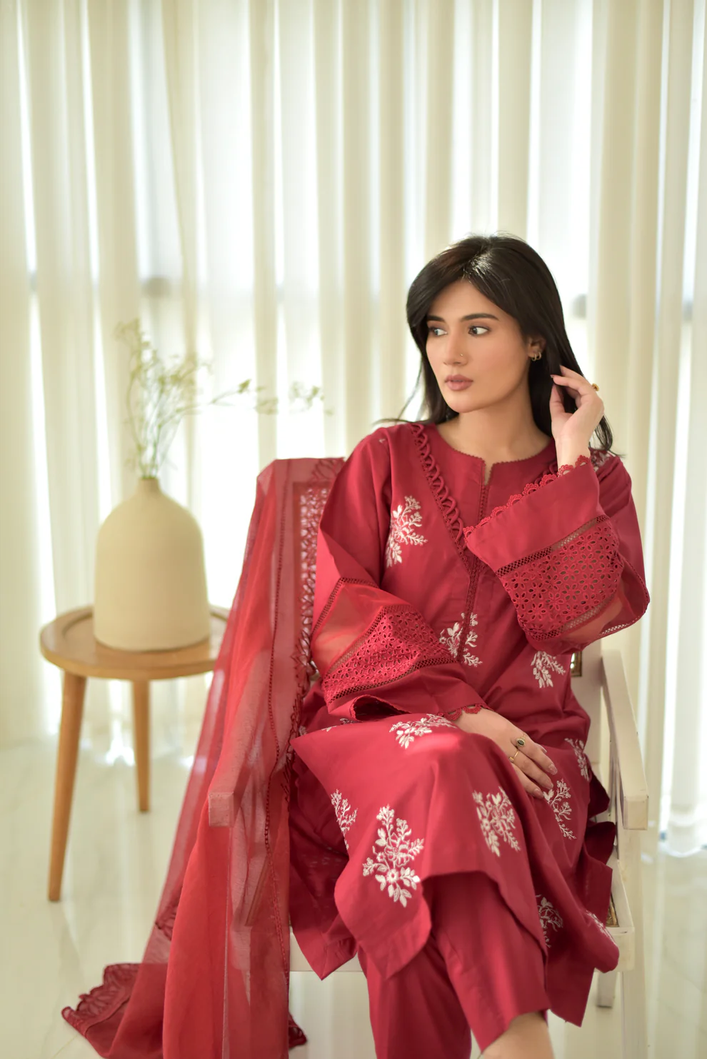 Maroon Roman Silk Embroidered Kurta Pant & Dupatta