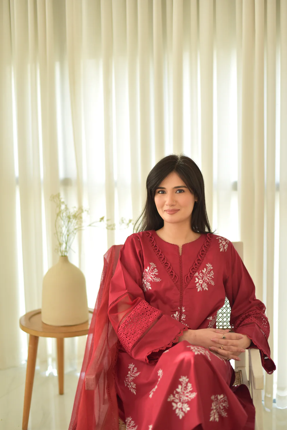 Maroon Roman Silk Embroidered Kurta Pant & Dupatta