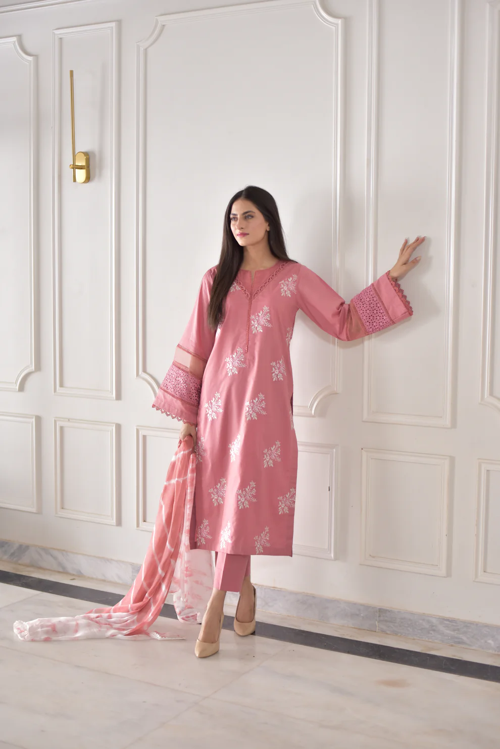 Pink Pastel Roman Silk Embroidered Kurta Pant & Dupatta