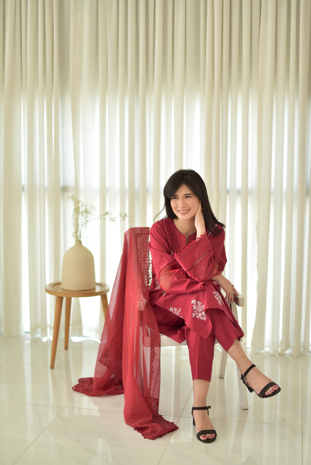 Maroon Roman Silk Embroidered Kurta Pant & Dupatta