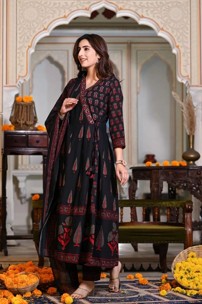 Cotton Sequence Katha Printed & Embroidered Angrakha Anarkali Suit