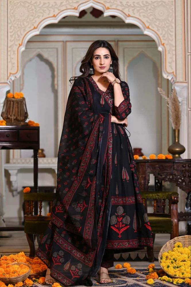 Cotton Sequence Katha Printed & Embroidered Angrakha Anarkali Suit