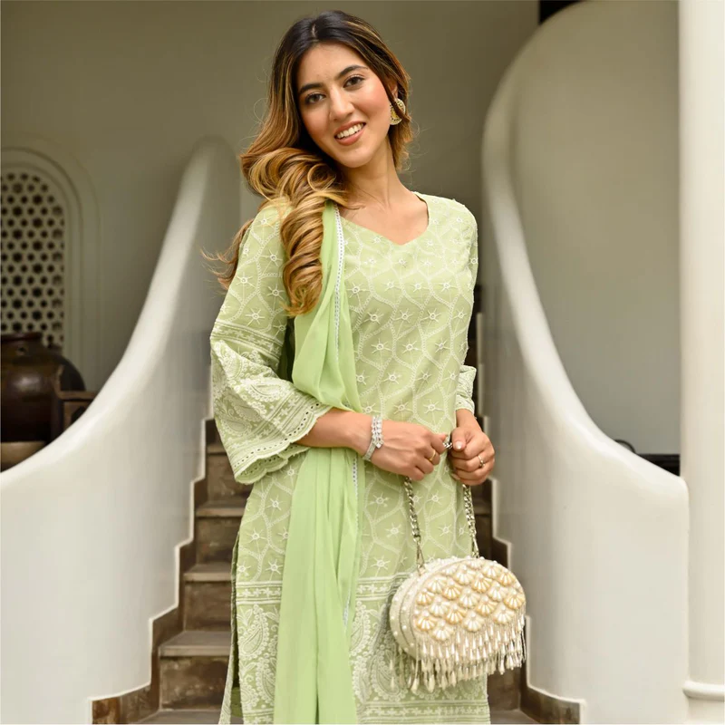 Pista Green Chikankari Embroidered Kurta Pant & Dupatta