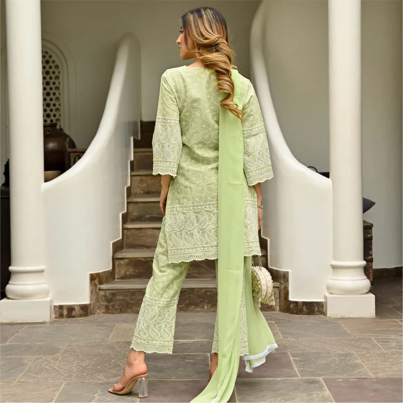 Pista Green Chikankari Embroidered Kurta Pant & Dupatta