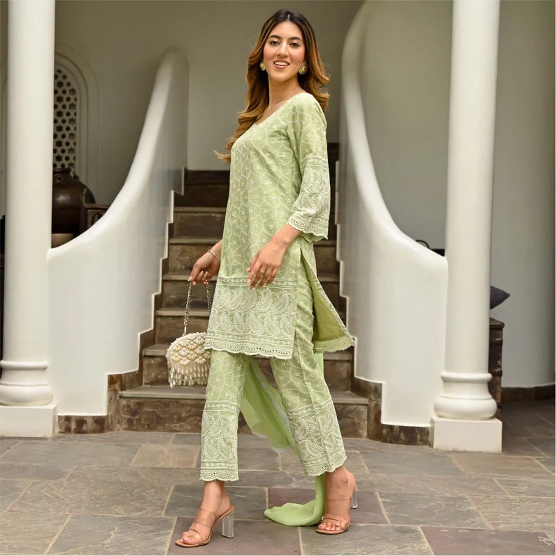 Pista Green Chikankari Embroidered Kurta Pant & Dupatta