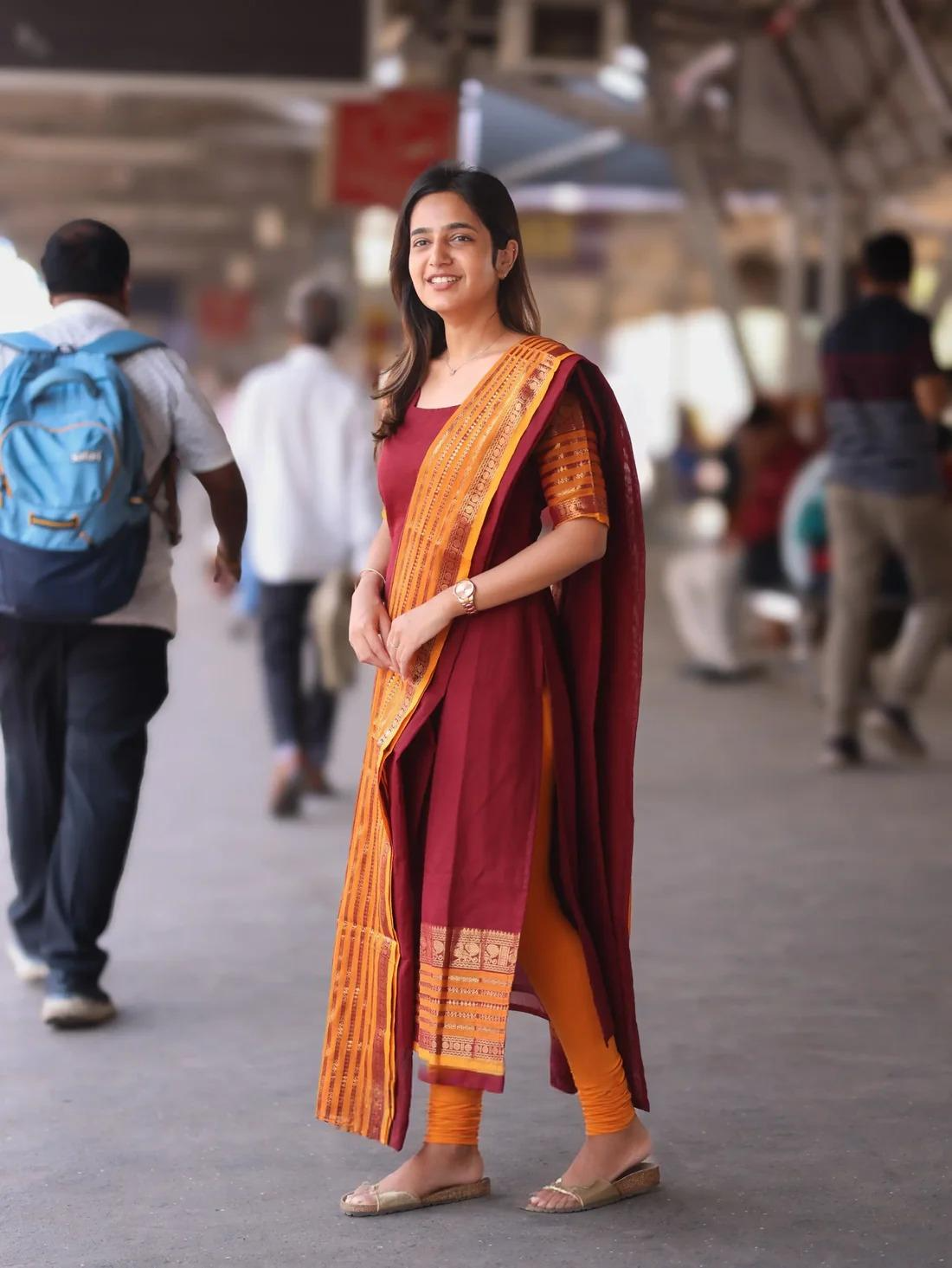 Maroon & Mustard Orange Kanchi Cotton Kurta Set