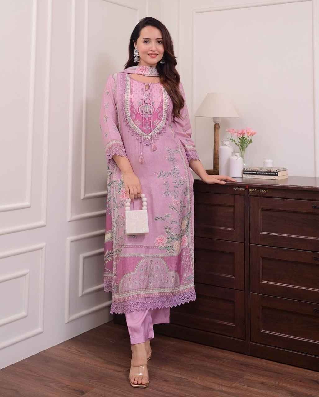 Lilac Muslin Printed Embroidered Pakistani Suit