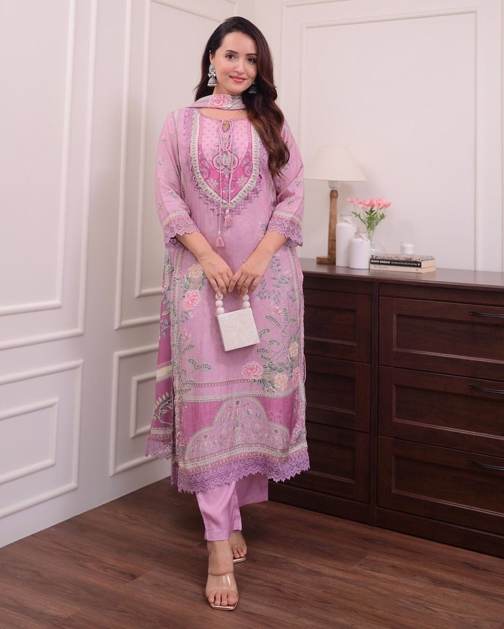 Lilac Muslin Printed Embroidered Pakistani Suit