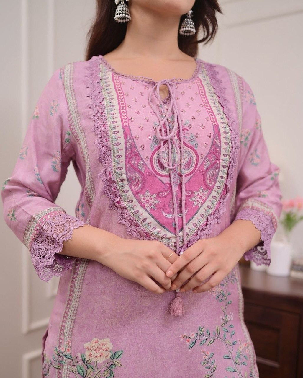 Lilac Muslin Printed Embroidered Pakistani Suit
