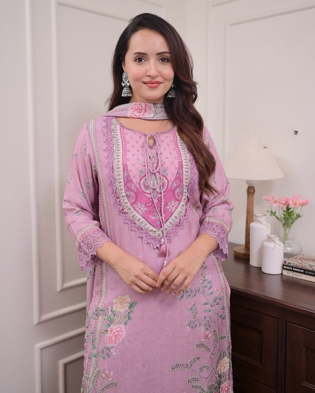 Lilac Muslin Printed Embroidered Pakistani Suit