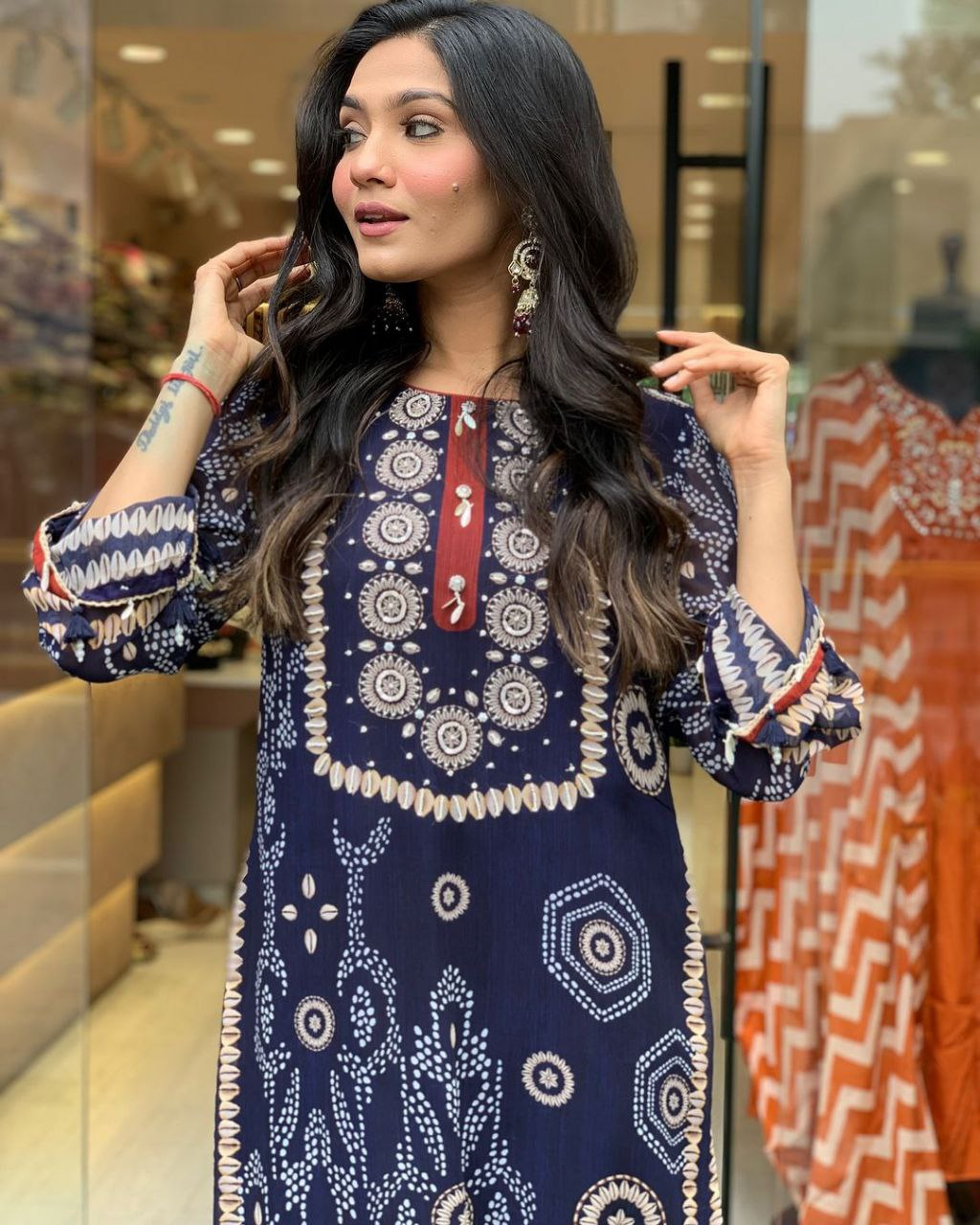 Navy Blue Diamond Silk Schiffli Hand Work & Thread Kodi With Latkan Kurta Set With Dupatta