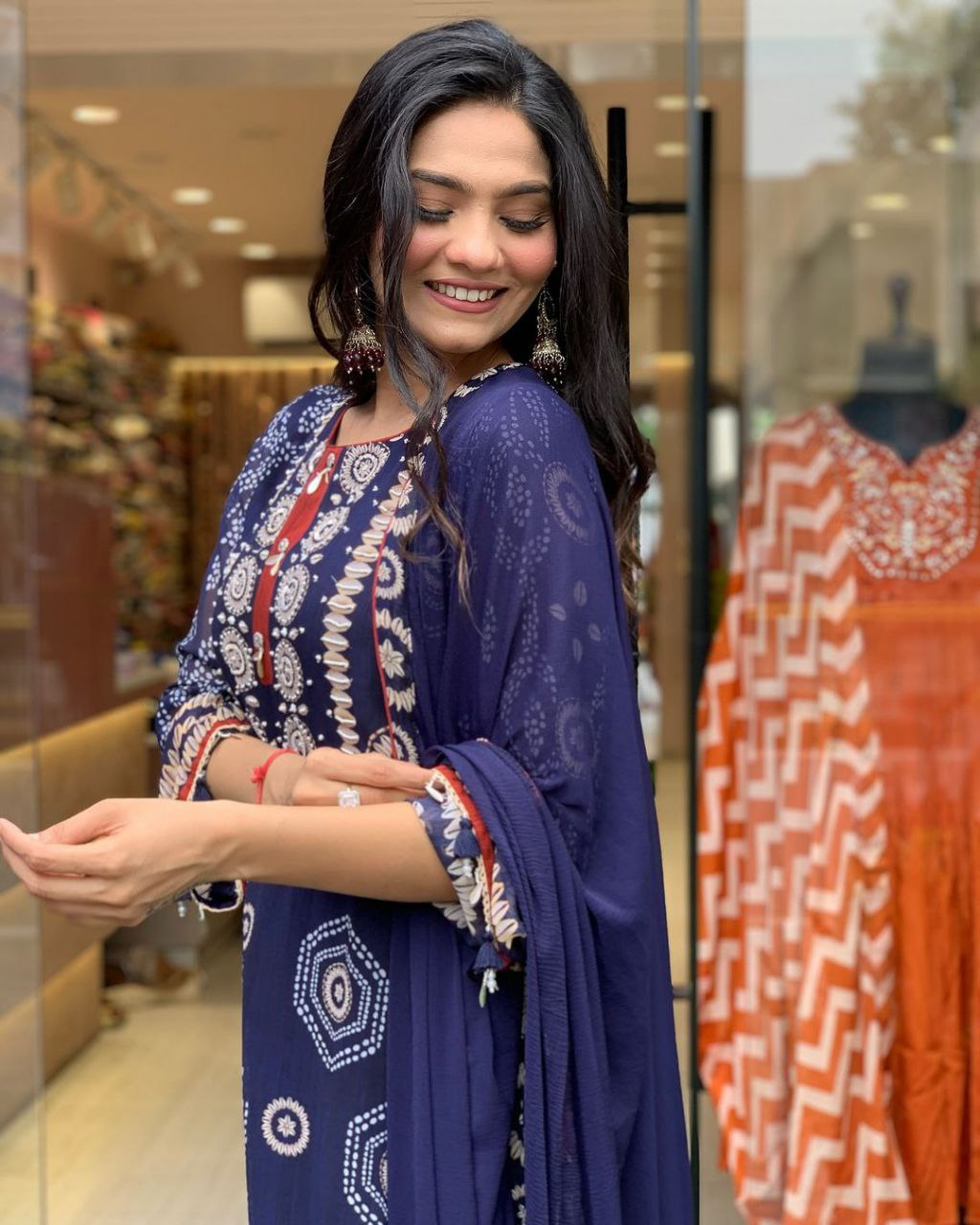 Navy Blue Diamond Silk Schiffli Hand Work & Thread Kodi With Latkan Kurta Set With Dupatta