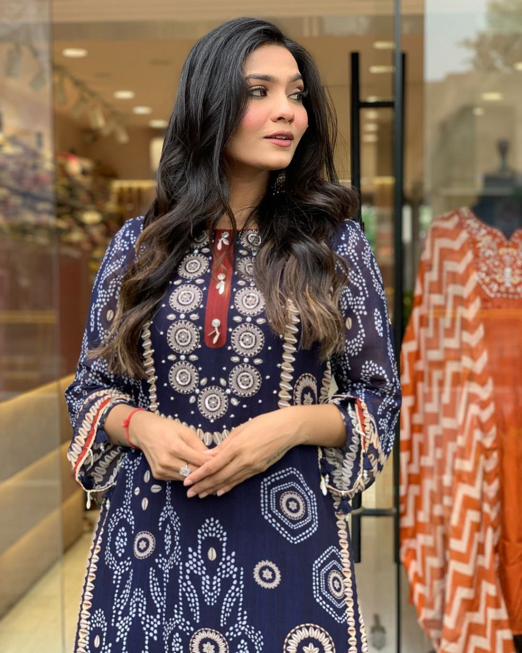 Navy Blue Diamond Silk Schiffli Hand Work & Thread Kodi With Latkan Kurta Set With Dupatta