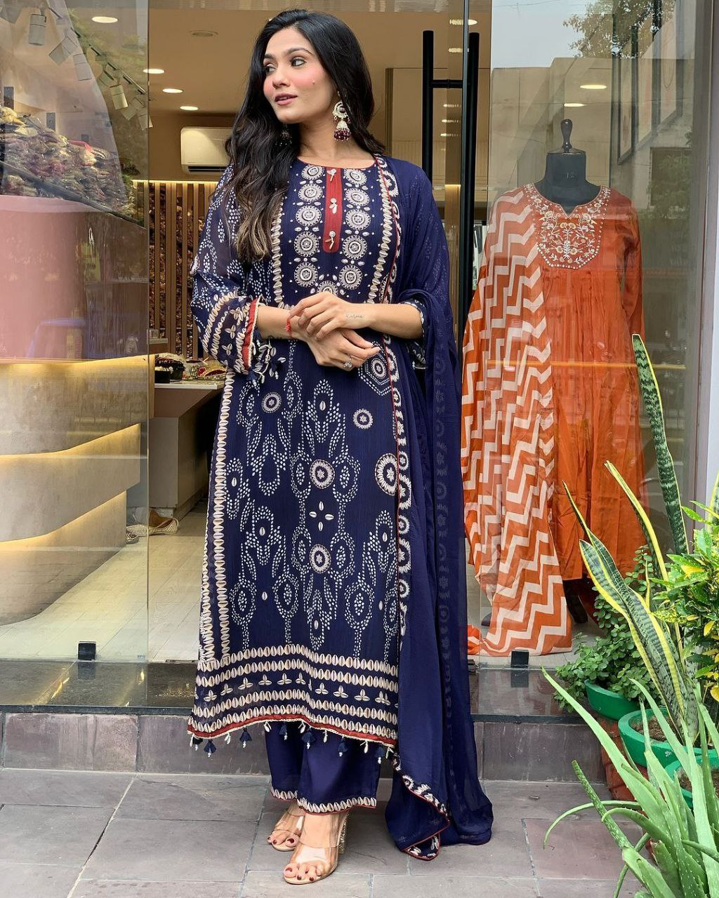 Navy Blue Diamond Silk Schiffli Hand Work & Thread Kodi With Latkan Kurta Set With Dupatta