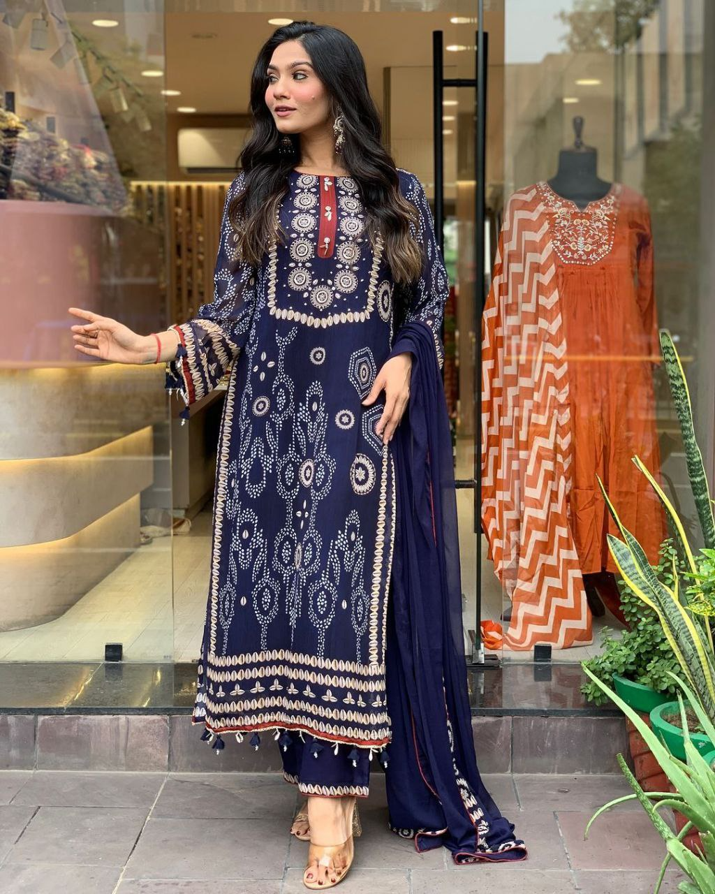 Navy Blue Diamond Silk Schiffli Hand Work & Thread Kodi With Latkan Kurta Set With Dupatta
