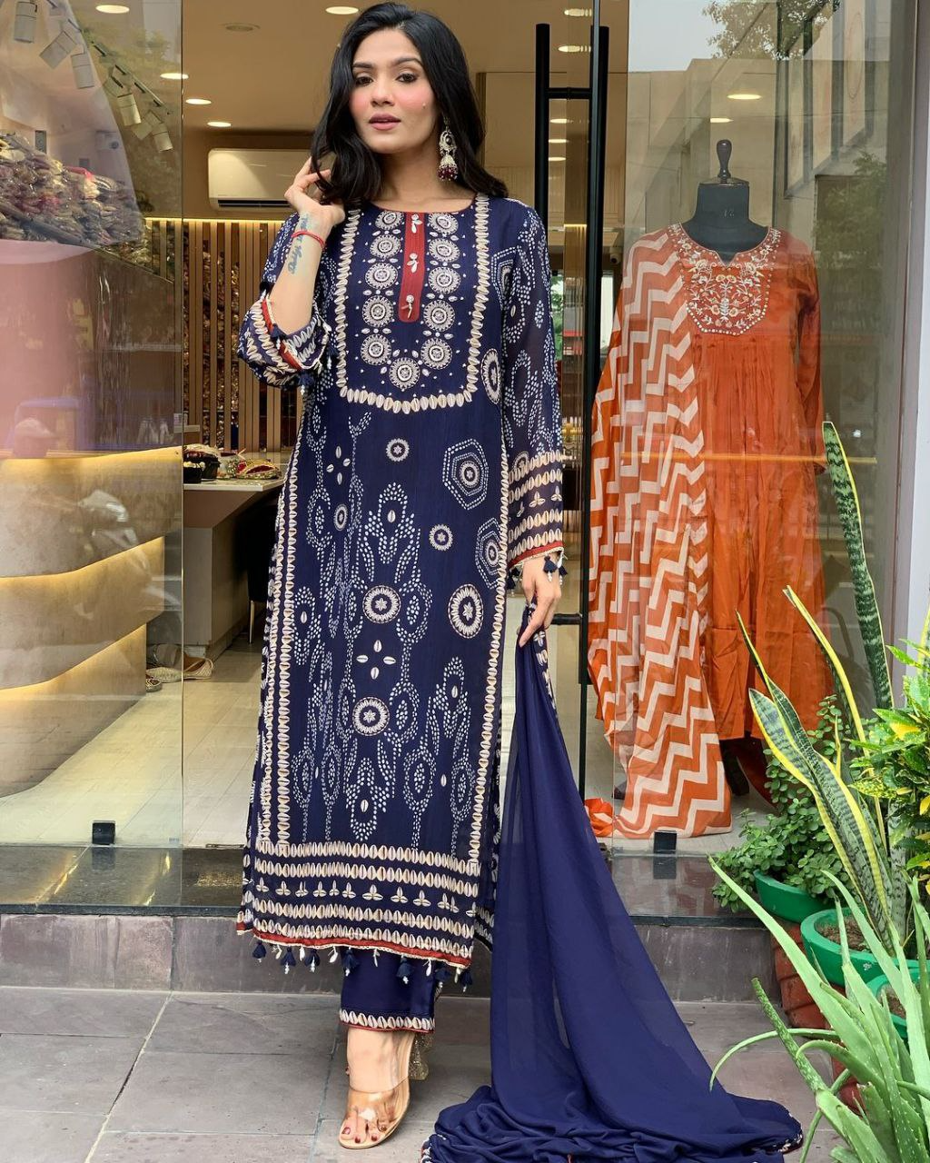 Navy Blue Diamond Silk Schiffli Hand Work & Thread Kodi With Latkan Kurta Set With Dupatta