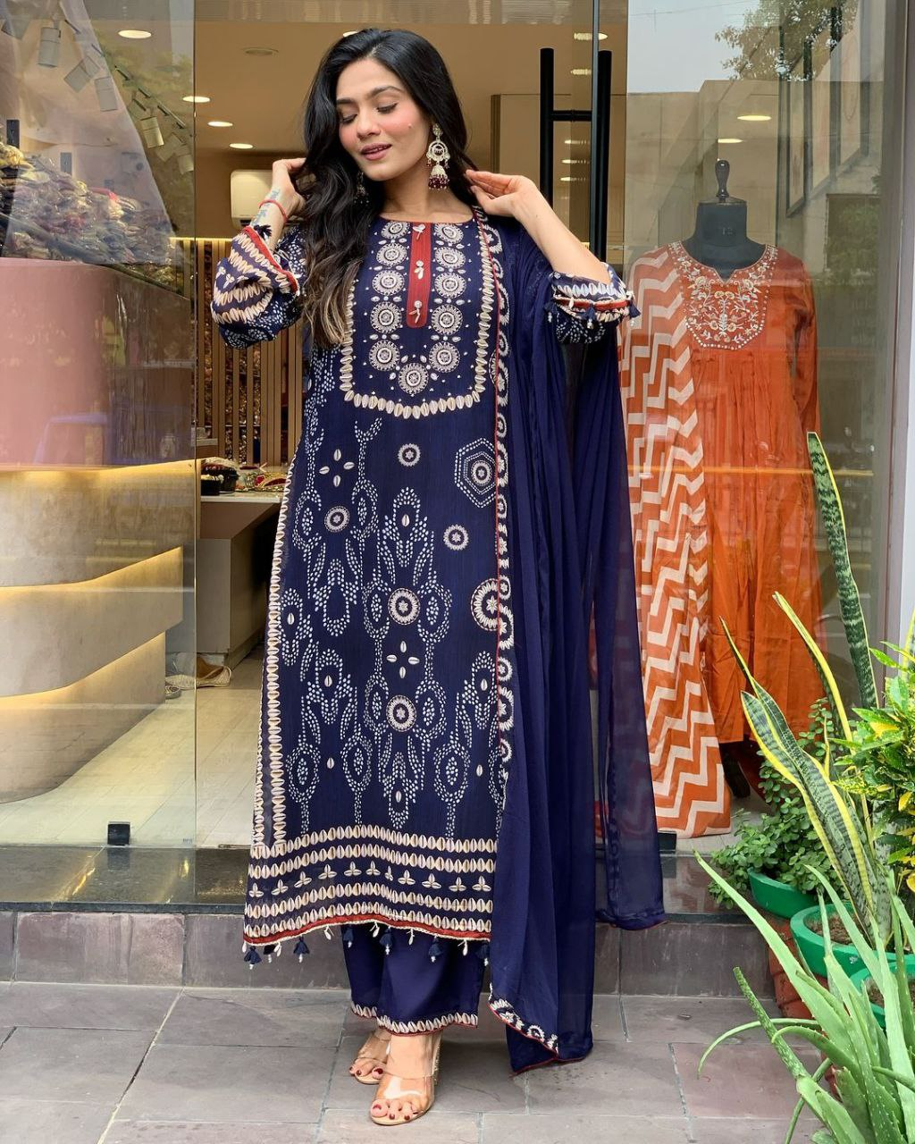 Navy Blue Diamond Silk Schiffli Hand Work & Thread Kodi With Latkan Kurta Set With Dupatta