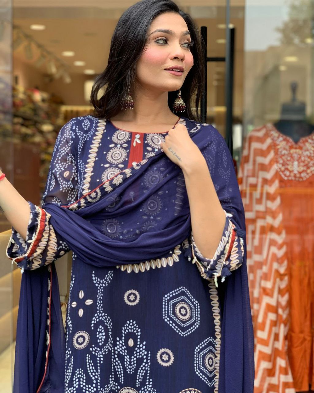 Navy Blue Diamond Silk Schiffli Hand Work & Thread Kodi With Latkan Kurta Set With Dupatta