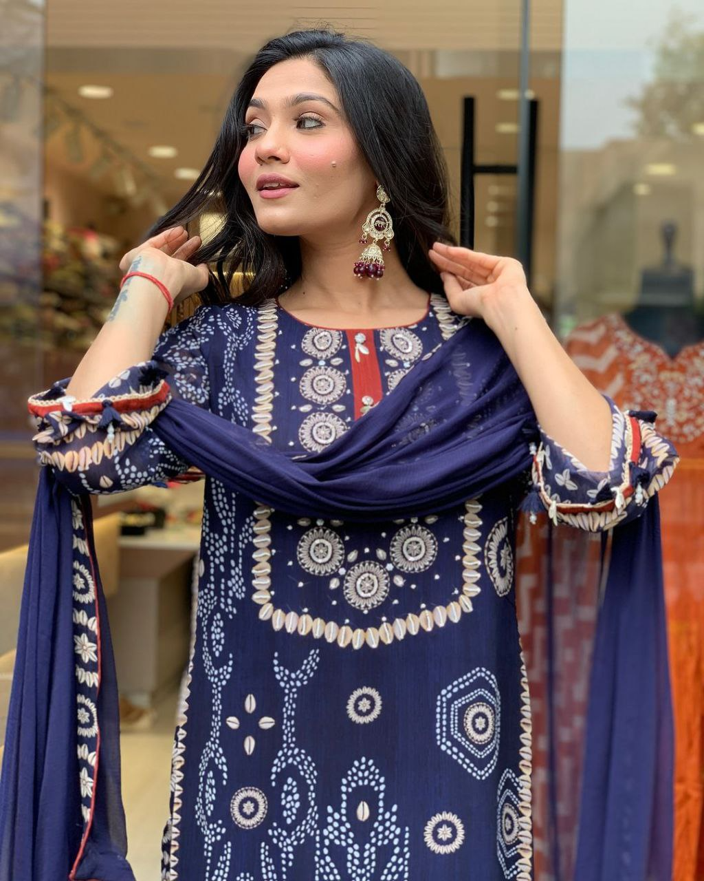 Navy Blue Diamond Silk Schiffli Hand Work & Thread Kodi With Latkan Kurta Set With Dupatta