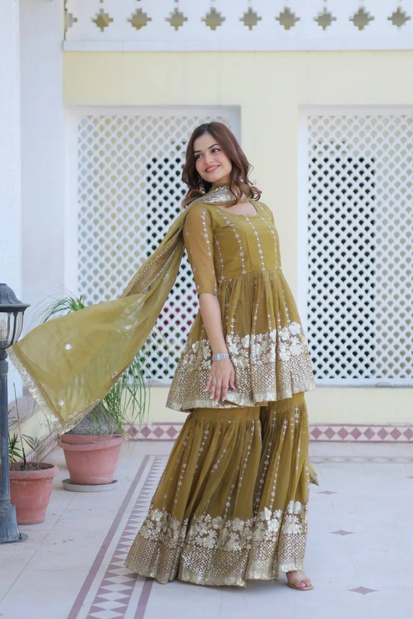 Mustard Shimmer Sharara Suit with Dupatta