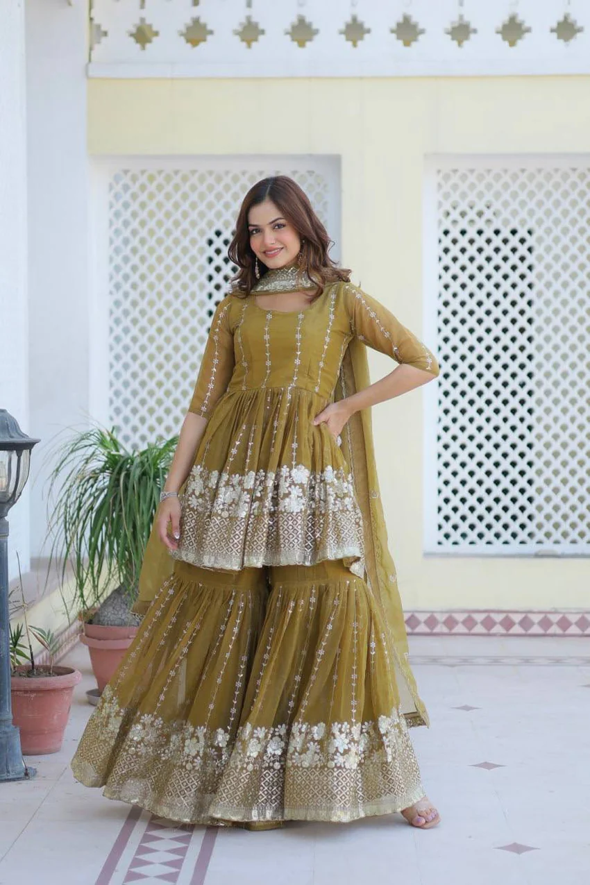 Mustard Shimmer Sharara Suit with Dupatta