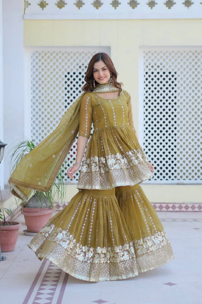 Mustard Shimmer Sharara Suit with Dupatta