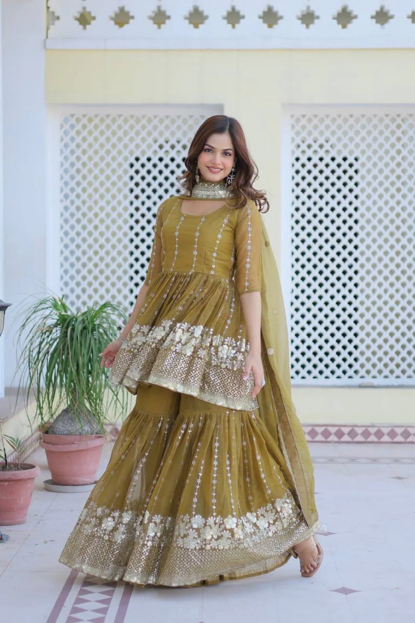 Mustard Shimmer Sharara Suit with Dupatta