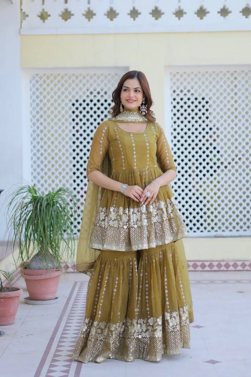 Mustard Shimmer Sharara Suit with Dupatta