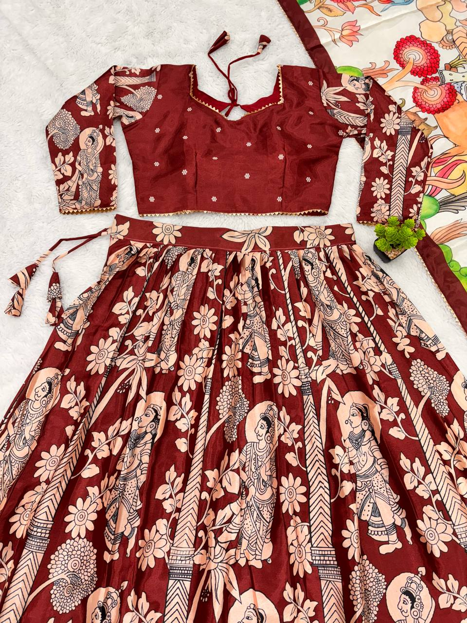 South Indian Lehenga Choloi With Readymade Blouse Kalamkari Print