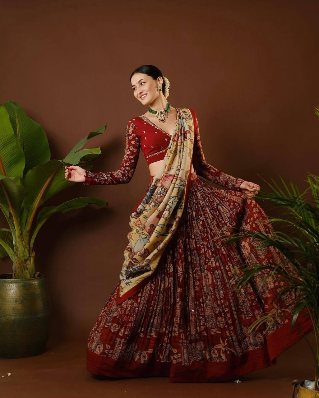 South Indian Lehenga Choloi With Readymade Blouse Kalamkari Print