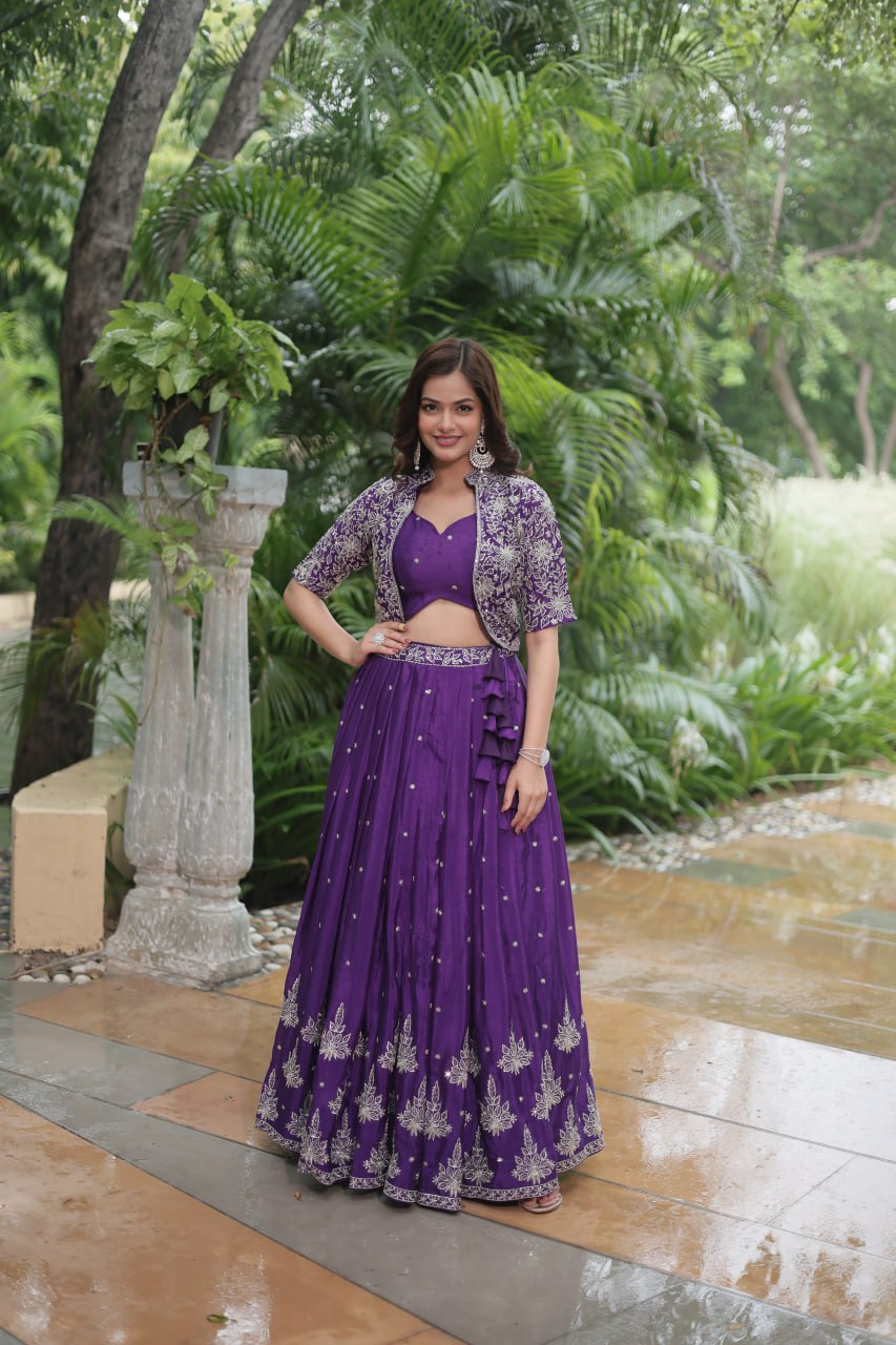 Rich Thread-Sequins Embroidered Koti & Pure Chinon Lehenga