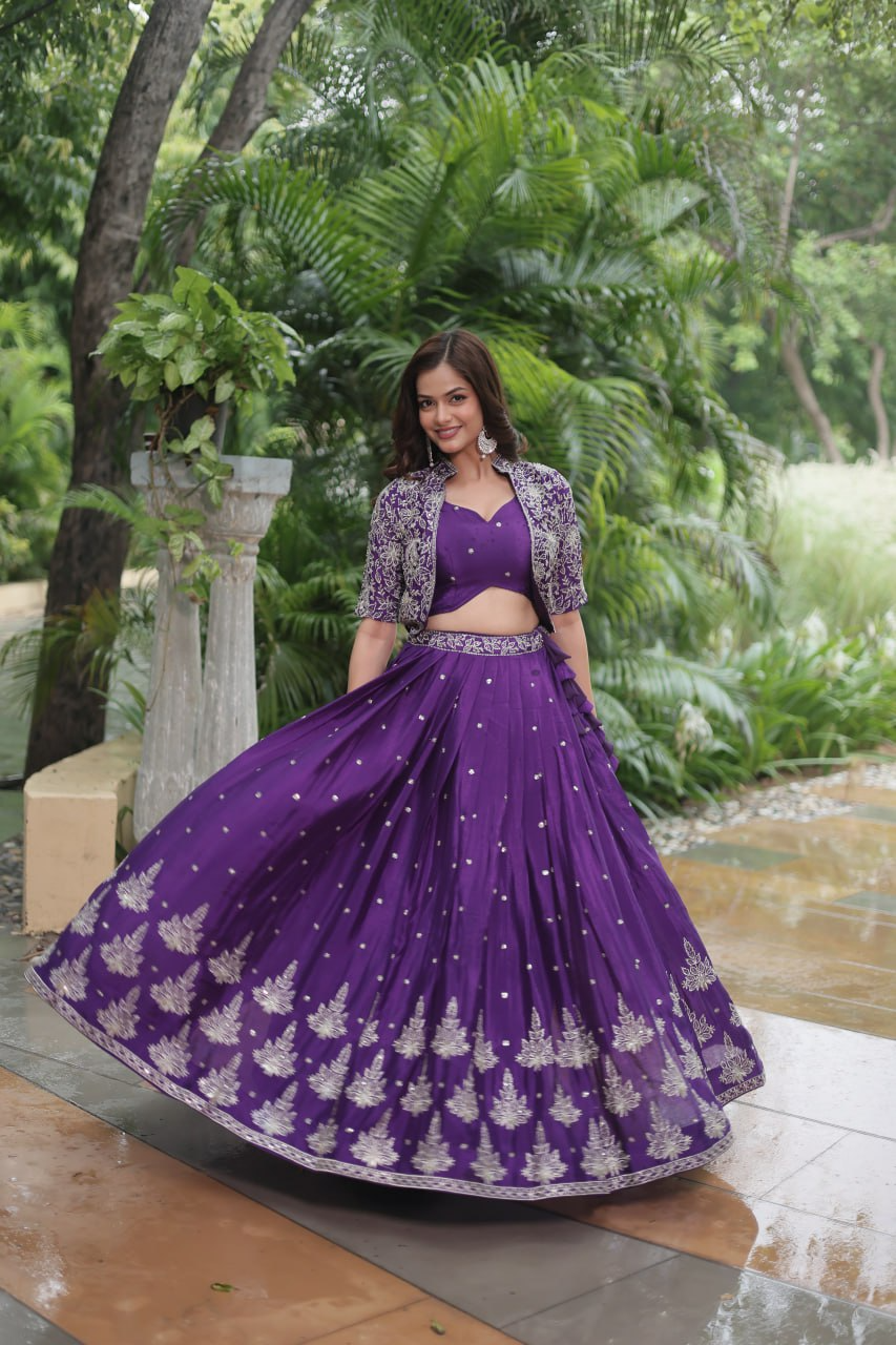 Rich Thread-Sequins Embroidered Koti & Pure Chinon Lehenga