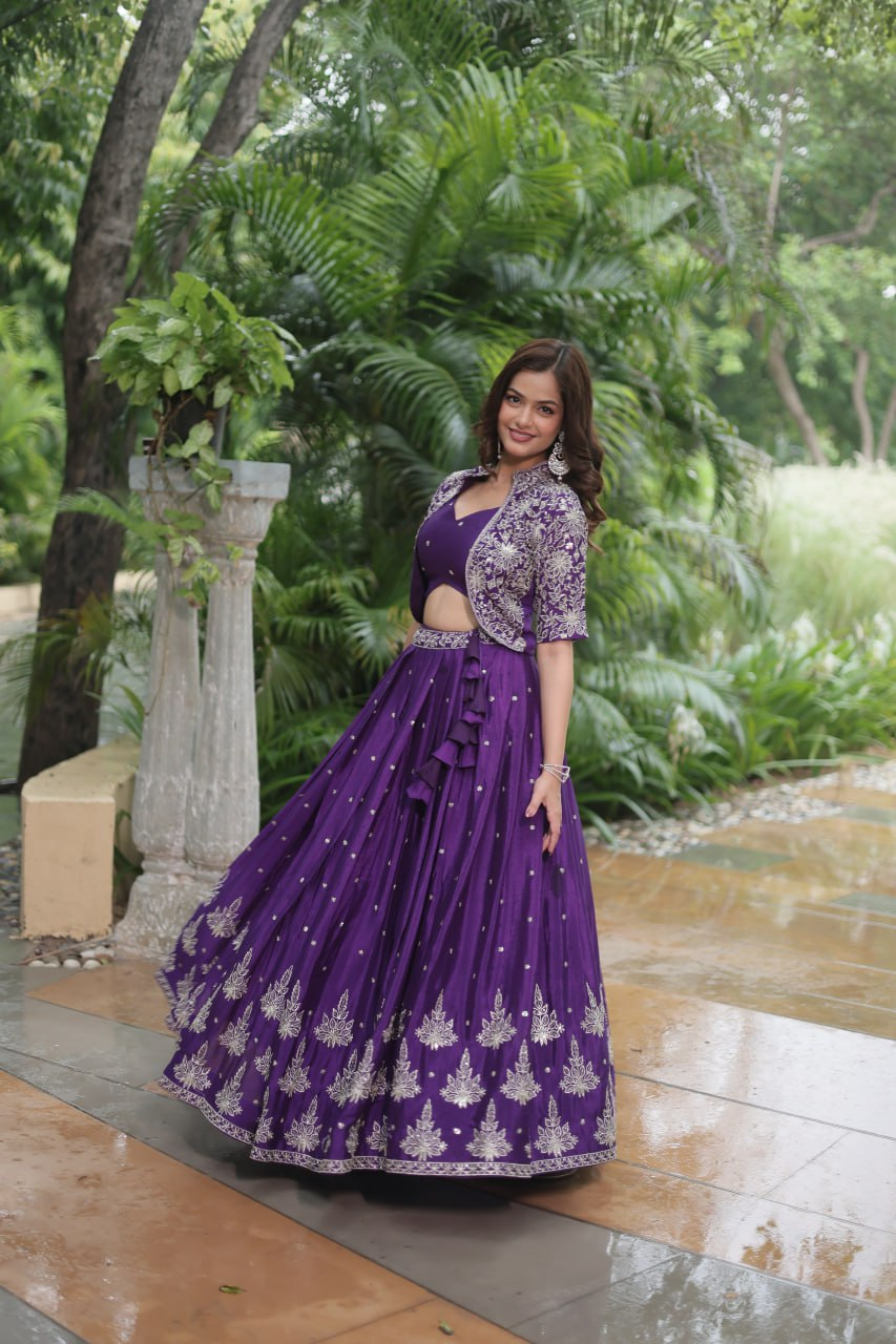 Rich Thread-Sequins Embroidered Koti & Pure Chinon Lehenga