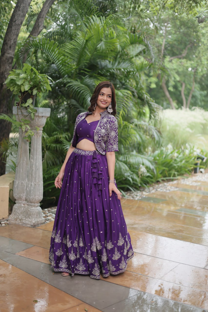 Rich Thread-Sequins Embroidered Koti & Pure Chinon Lehenga