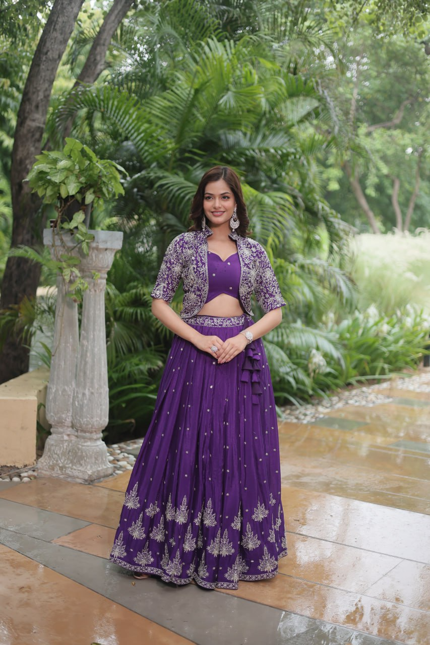 Rich Thread-Sequins Embroidered Koti & Pure Chinon Lehenga
