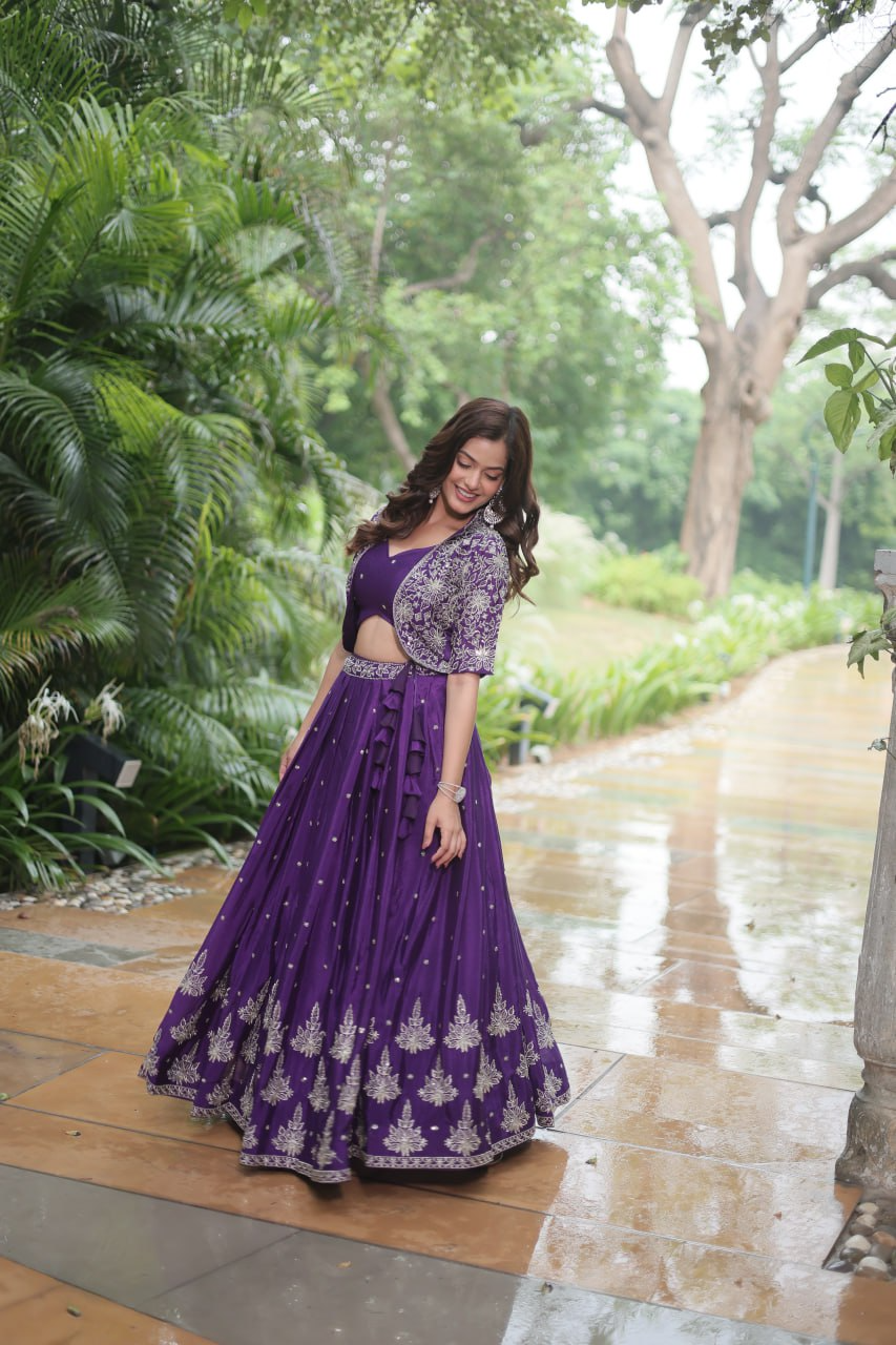 Rich Thread-Sequins Embroidered Koti & Pure Chinon Lehenga